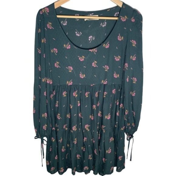 Urban Outfitters Green Floral Boho Tunic Top Long Sleeve Drawstring Size Small - Picture 1 of 10